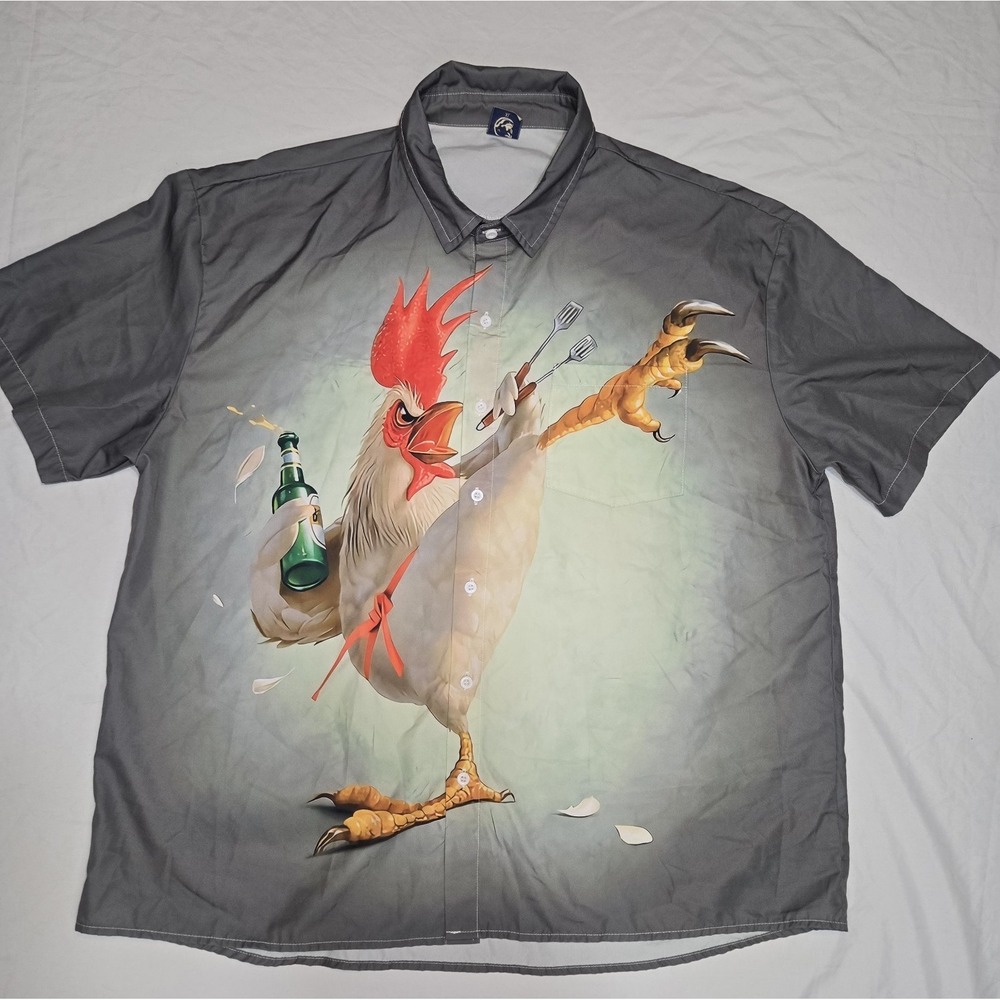 Hardaddy Mens XL Gray Button Up Shirt Rooster Beer BBQ Graphic Camp Casual